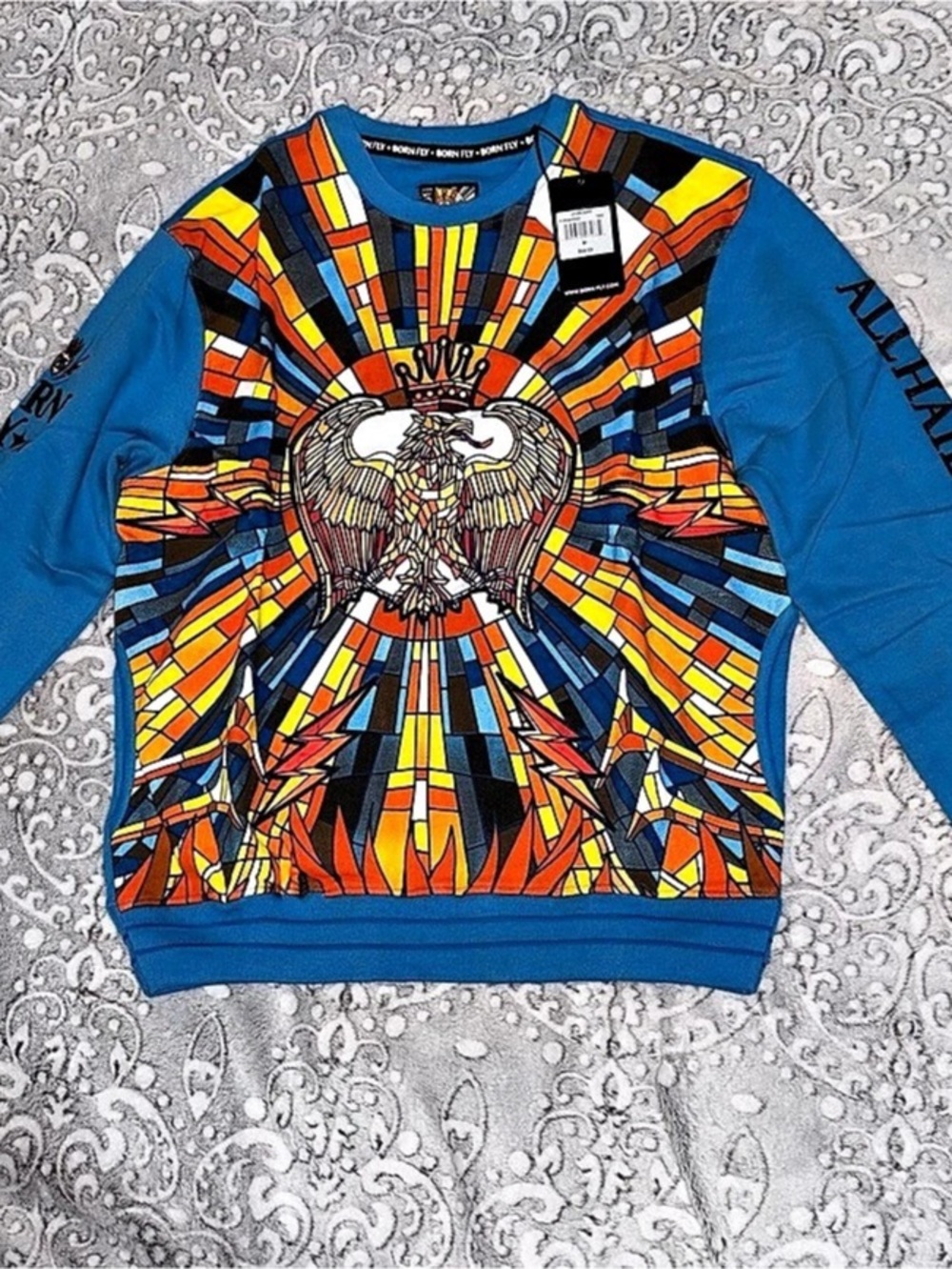 Born Fly Men’s Graphic Crewneck Sweatshirt Turquoise Eagle Size M NWT